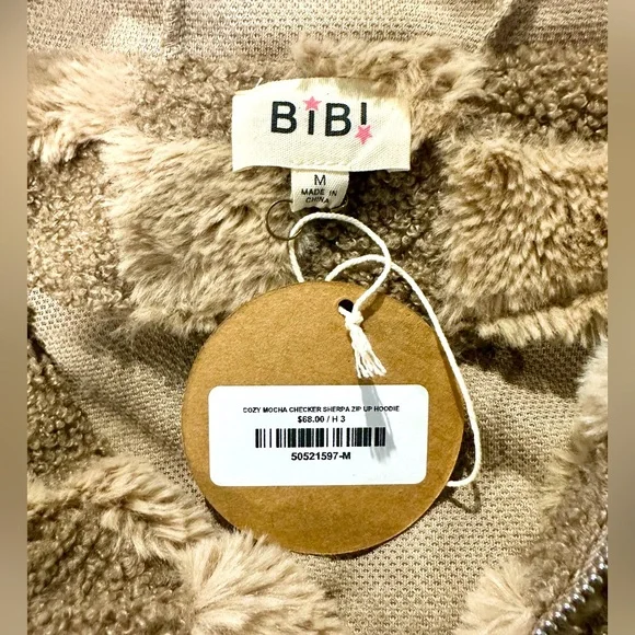 NWT BiBi Cozy Mocha Checkered Sherpa Hooded Jacket - Picture 5 of 16